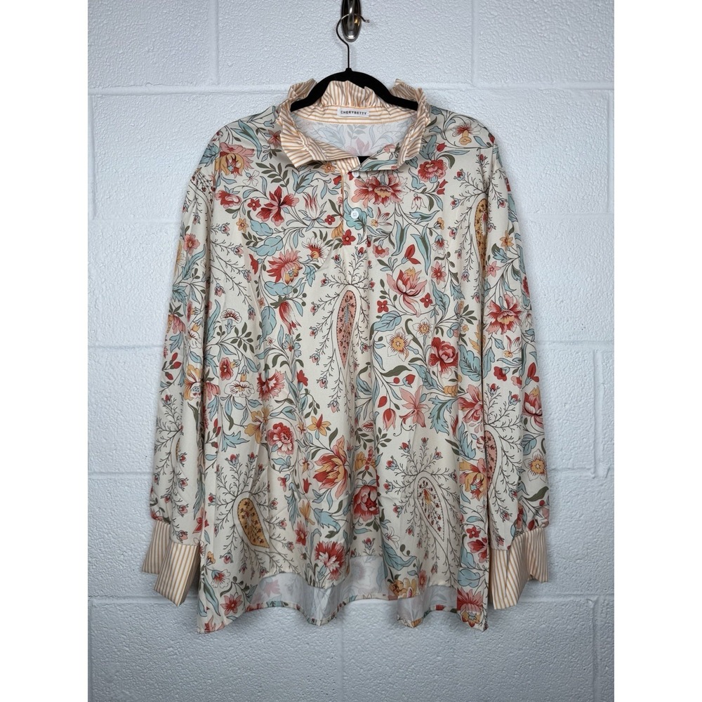 Cherybetty Floral Blouse 3XL Cottagecore Boho Paisley Stripe Collar